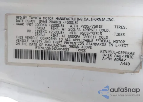 2004 Toyota Tacoma z USA, uszkodzony, nr VIN 5TEVL52N14Z305693